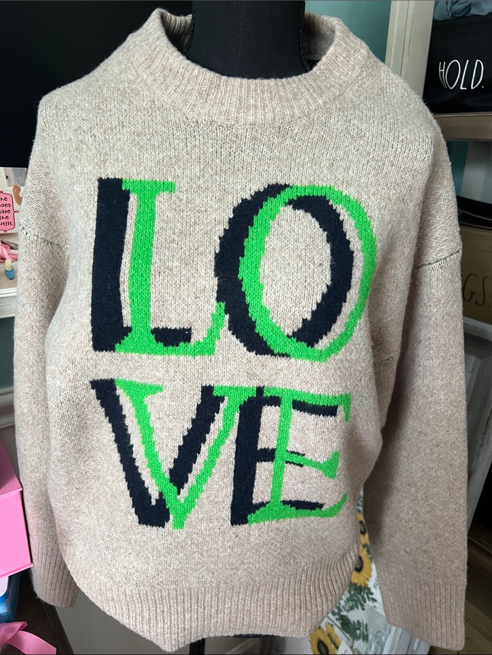 a new day Beige Knit Turtleneck Sweater with Green & Black LOVE Graphic